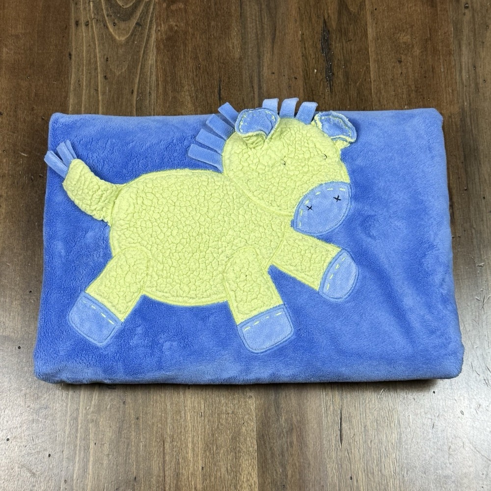 Pottery Barn Kids Baby Horse Pony Blanket Blue Green Soft Plush PBK Lovey HTF